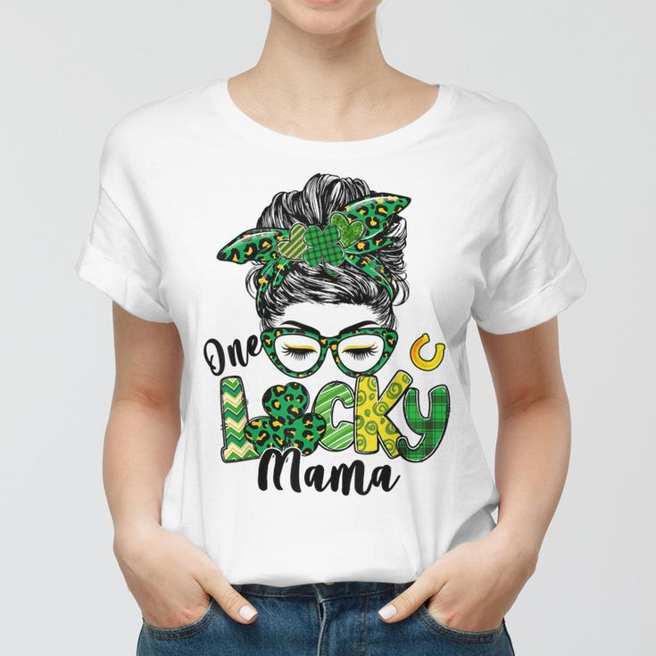 Messy Bun Leopard Green Shamrock Lucky Mama St Patricks Day Women T-shirt