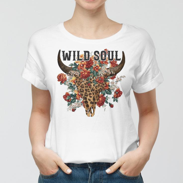 Wild Soul Leopard Cow Skull Bull Skull Flower Western Lover Women T-shirt