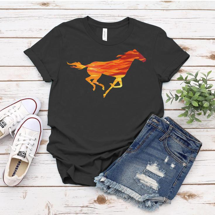 Flammen-Pferd Grafik Frauen Tshirt in Schwarz, Feuriges Design für Reiter Lustige Geschenke