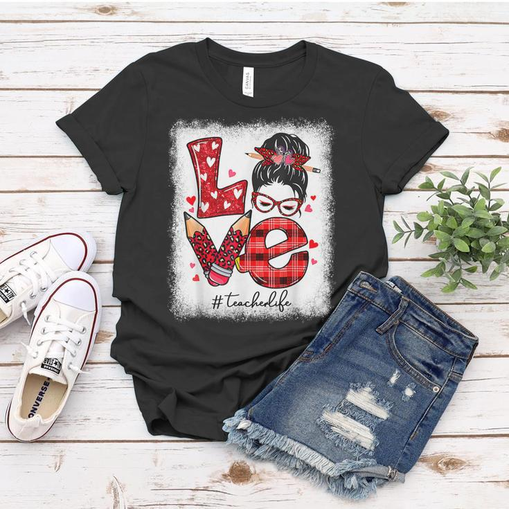 Funny Love Messy Bun Teacher Life Valentines Day Matching V2 Women T-shirt Funny Gifts
