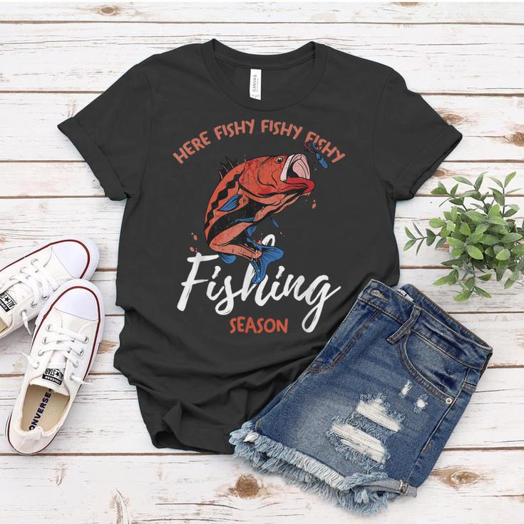 Lustiges Angler-Frauen Tshirt Here Fishy Fishy, Perfekt für Angelsaison Lustige Geschenke