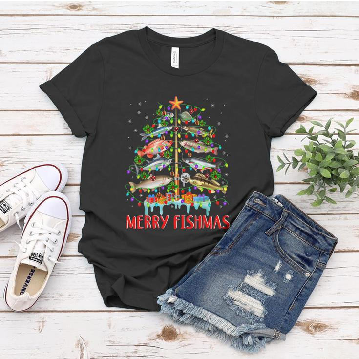 Merry Fishmas Funny Fishing Christmas Tree Lights Women T-shirt Unique Gifts