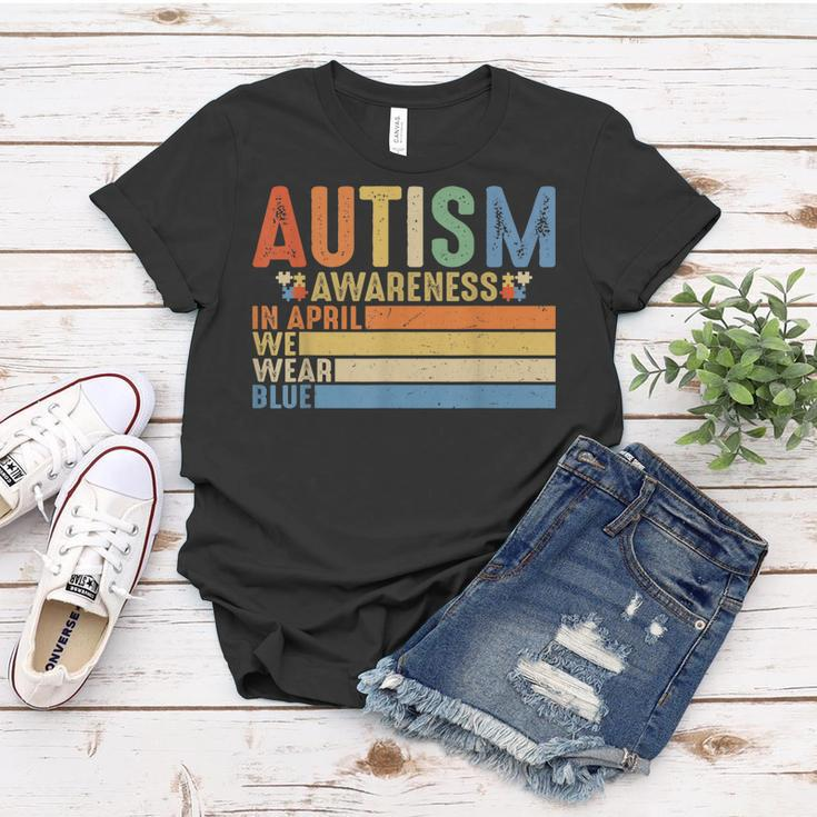 Retro In April We Wear Blue Puzzle Autism Awareness Month Women T-shirt Unique Gifts