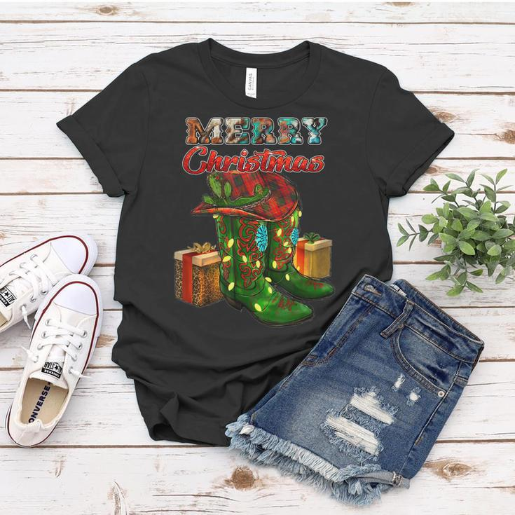Western Texas Cow Print Cowboy Boots Hat Merry Christmas Women T-shirt Unique Gifts