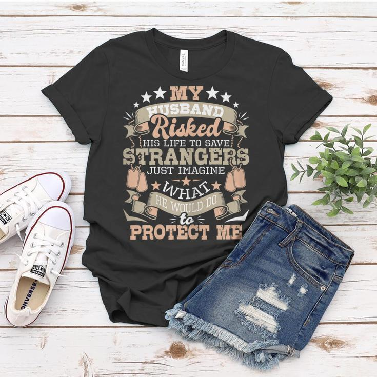 Womens My Husband Risked His Life - Us Army Veteran Wife Women T-shirt Funny Gifts