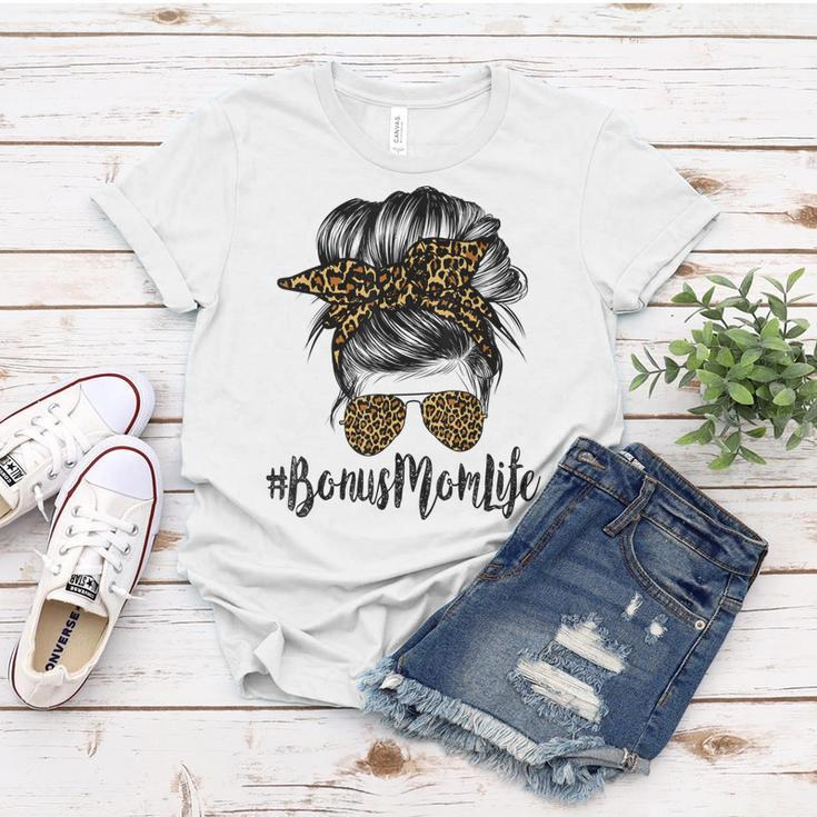 Bonus Mom Life Hair Bandana Glasses Leopard Mothers Day Women T-shirt Funny Gifts