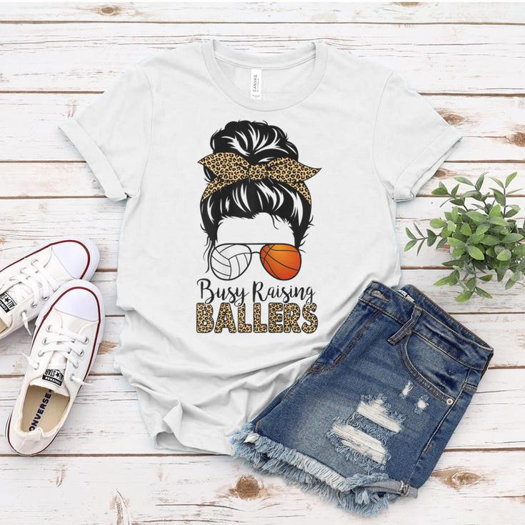 Busy Raising Ballers Basketball And Volleyball Mom Messy Bun Gift For Womens Women T-shirt Unique Gifts