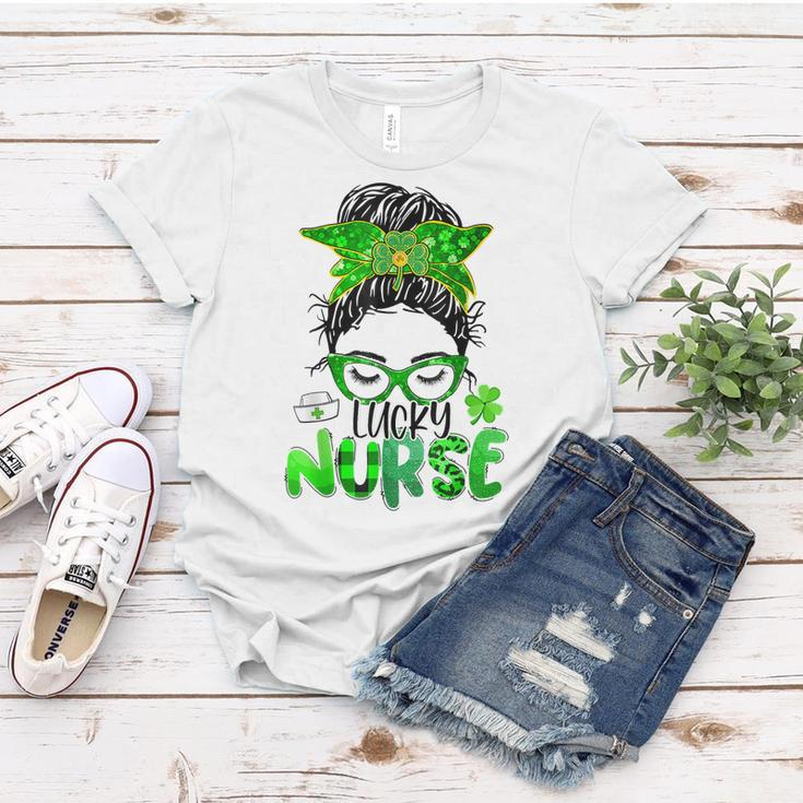 Lucky Nurse St Patricks Day Nurse Shamrock Messy Bun Mom Women T-shirt Funny Gifts