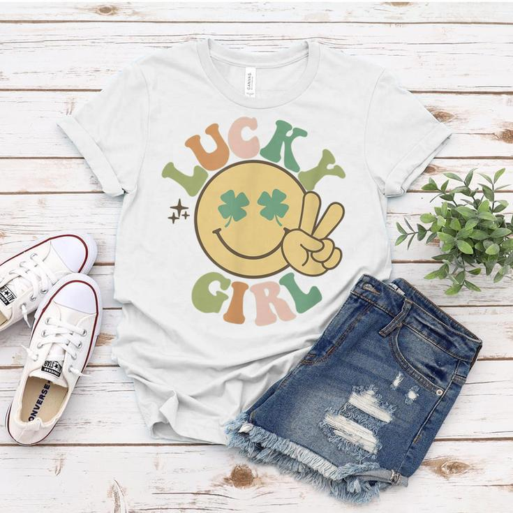 Lucky St Patricks Day Retro Smiling Face Shamrock Hippie Women T-shirt Unique Gifts