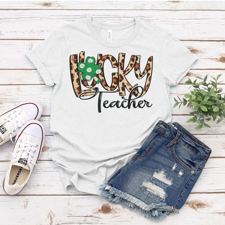 One Lucky Teacher Shamrock Clover Leopard St Patricks Day Women T-shirt Funny Gifts