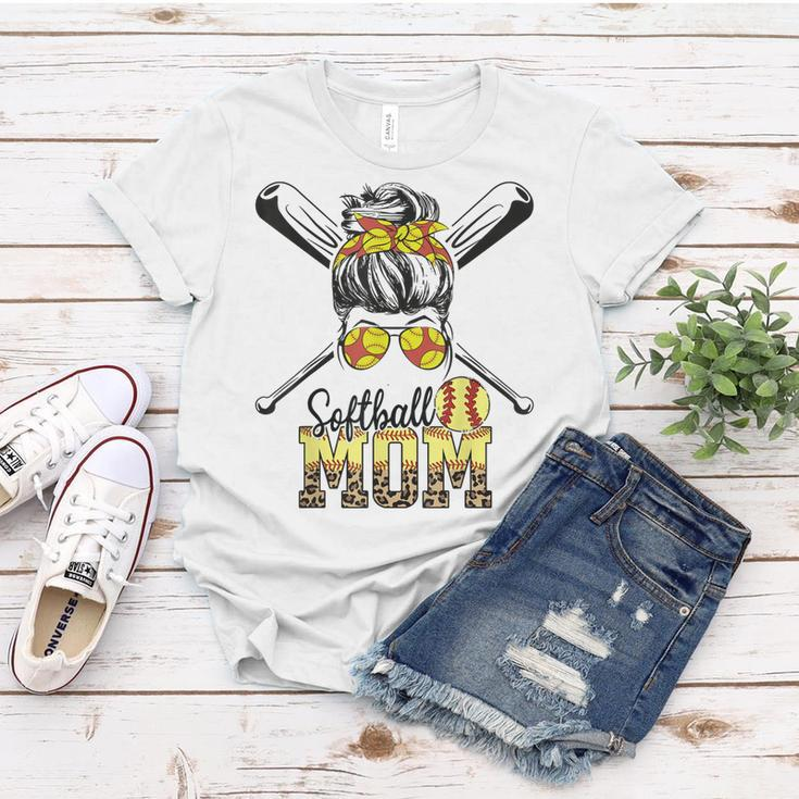 Softball Mom Messy Bun Leopard Softball Mothers Day 2023 Women T-shirt Unique Gifts
