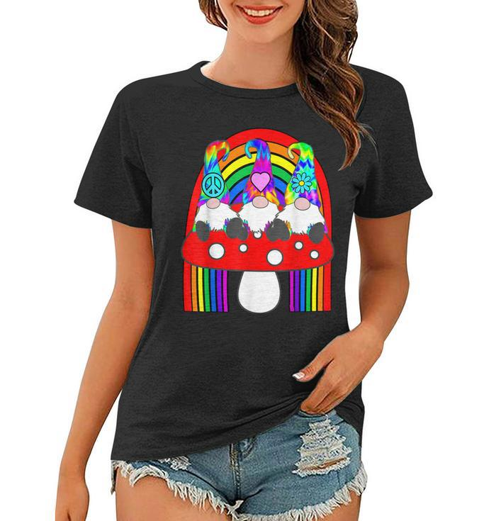 3 Hippie Gnomes On Mushroom Under Rainbow Whimsical Women T-shirt