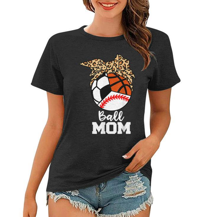 Ball Mom Funny Baseball Soccer Basketball Leopard Mom  Women T-shirt