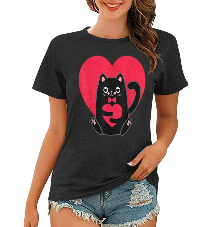 Black Cat Heart Valentines Day Cute Kitten Kitty-Love V Day  Women T-shirt