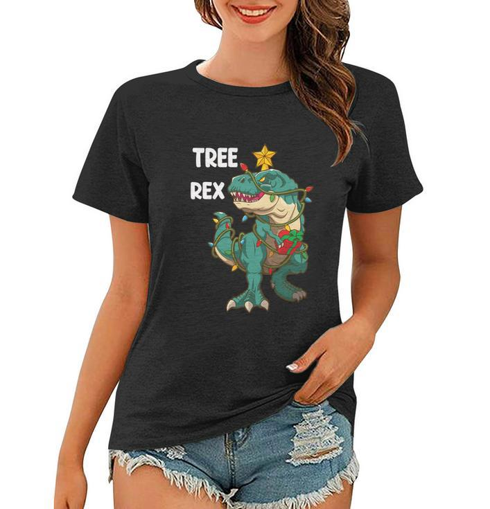 Christmas Dinosaur Tree Rex Pajamas Funny Xmas Lights Women T-shirt