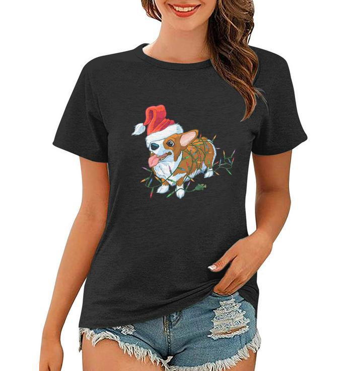 Corgi Dog Light Merry Corgmas Santa Corgi Ugly Christmas Funny Gift Women T-shirt