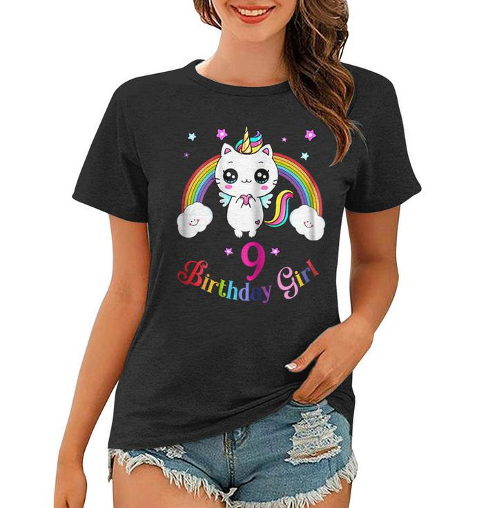 Cute Kitty 9Th Birthday Shirt Unicorn Rainbow 9Th Bday Gift Women T-shirt