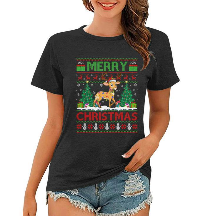 Deer Lover Xmas Tree Lights Ugly Santa Deer Christmas Great Gift Women T-shirt