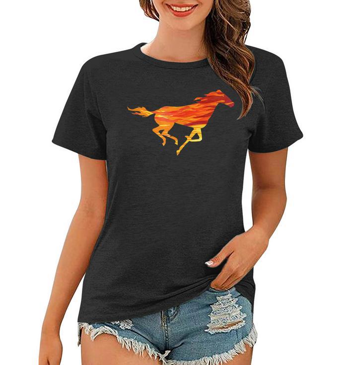 Flammen-Pferd Grafik Frauen Tshirt in Schwarz, Feuriges Design für Reiter