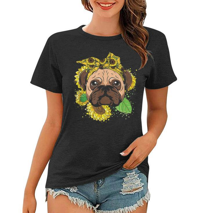 Funny Pug Dog Mom Sunflower Head Bandana Womens Girls Gift Women T-shirt