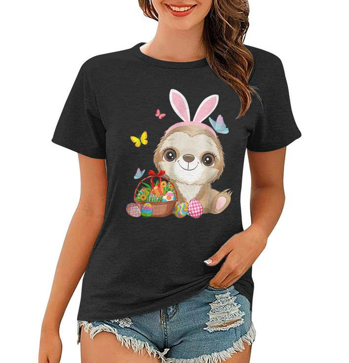 Funny Sloth Bunny Ear With Eggs Basket Easter Costume Rabbit  Women T-shirt