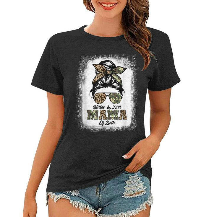 Glitter And Dirt Mom Of Both  Leopard Camo Messy Bun  Women T-shirt