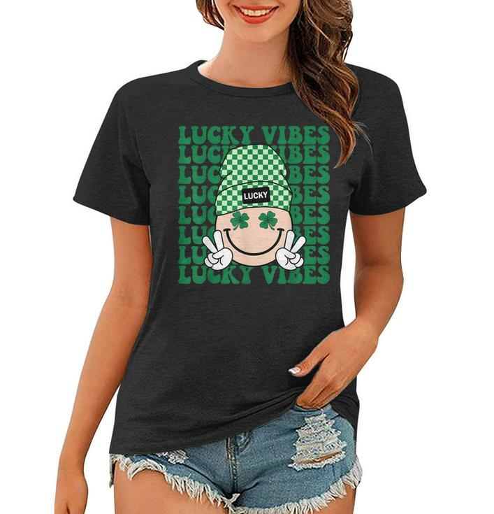 Groovy Smile Face Lucky Vibes Shamrock St Patricks Day  Women T-shirt