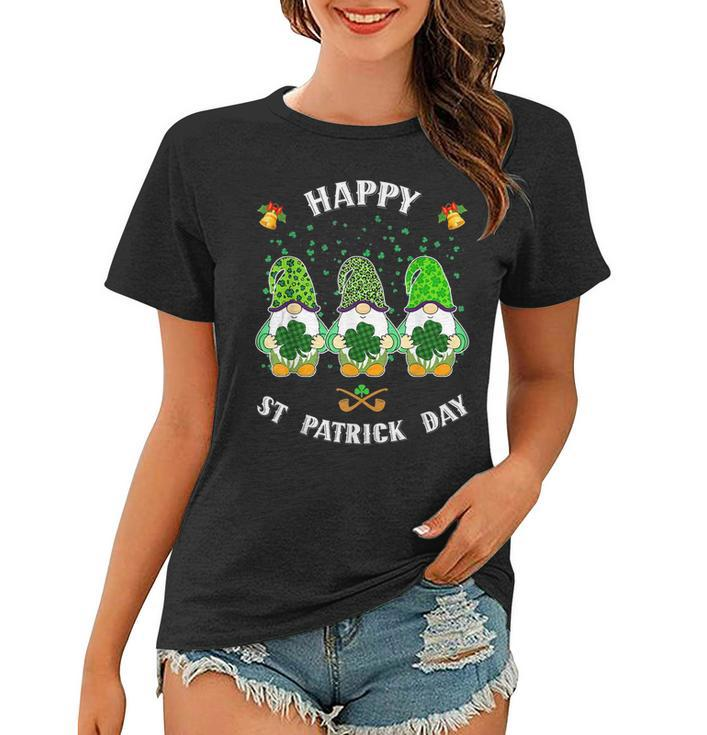 Happy St Patricks Day Funny Three Gnomes Holding Shamrock  Women T-shirt