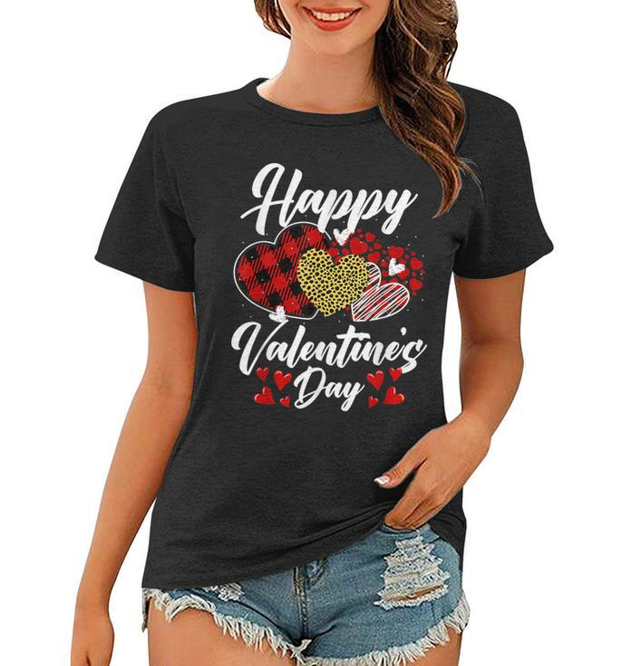 Happy Valentines Day Hearts With Leopard Plaid Valentine  Women T-shirt
