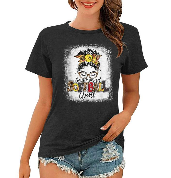 Loud & Proud Softball Aunt Messy Bun Leopard Bleached   Women T-shirt