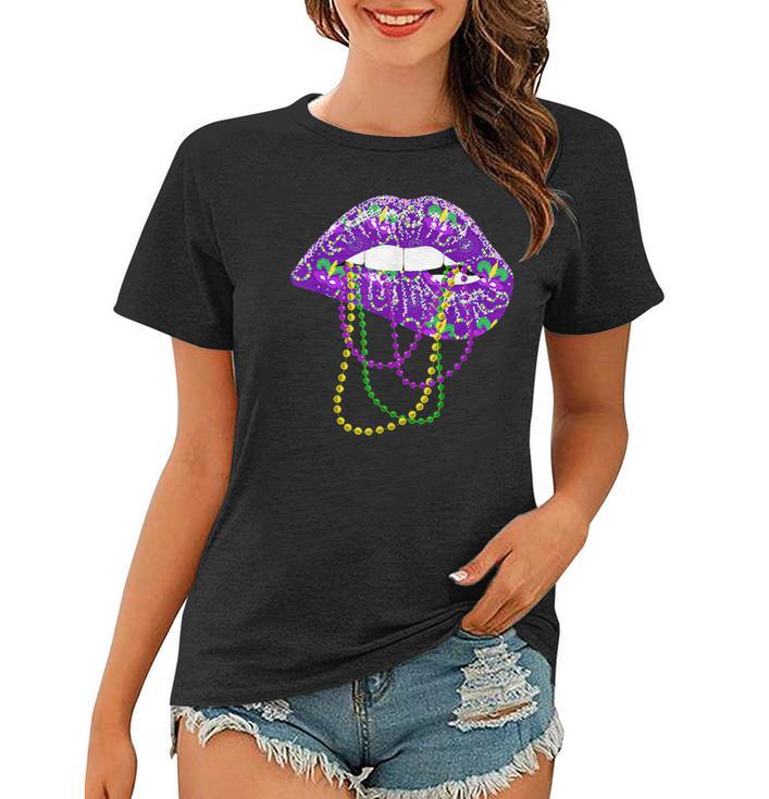 Mardi Gras Lips Queen Carnival Costume Purple & Gold Funny  Women T-shirt