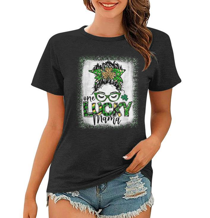 Messy Bun Leopard St Patricks Day One Lucky Mama Bleached  Women T-shirt