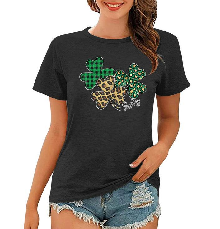 Plaid Shamrock Leopard Cheetah Lucky St Patricks Day Women  Women T-shirt