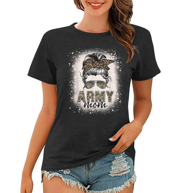 Proud Army Mom Women Leopard Camo Messy Bun Bleached  Women T-shirt