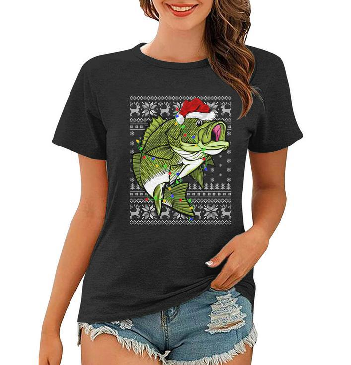 Santa Hat Bass Fish Xmas Lighting Ugly Bass Christmas Funny Gift Women T-shirt