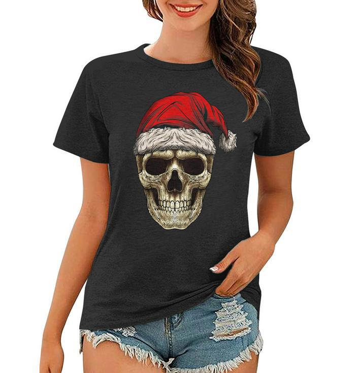 Santa Hat Sugar Skull Day Of The Dead Funny Christmas Skull  Women T-shirt