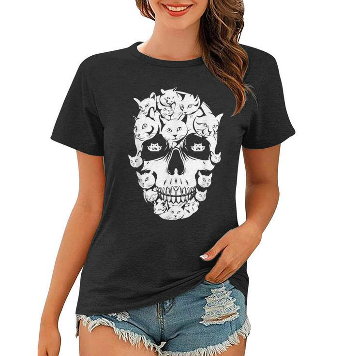 Scary Halloween Cat Skull Costume Black Cat Kitty Skeleton Women T-shirt