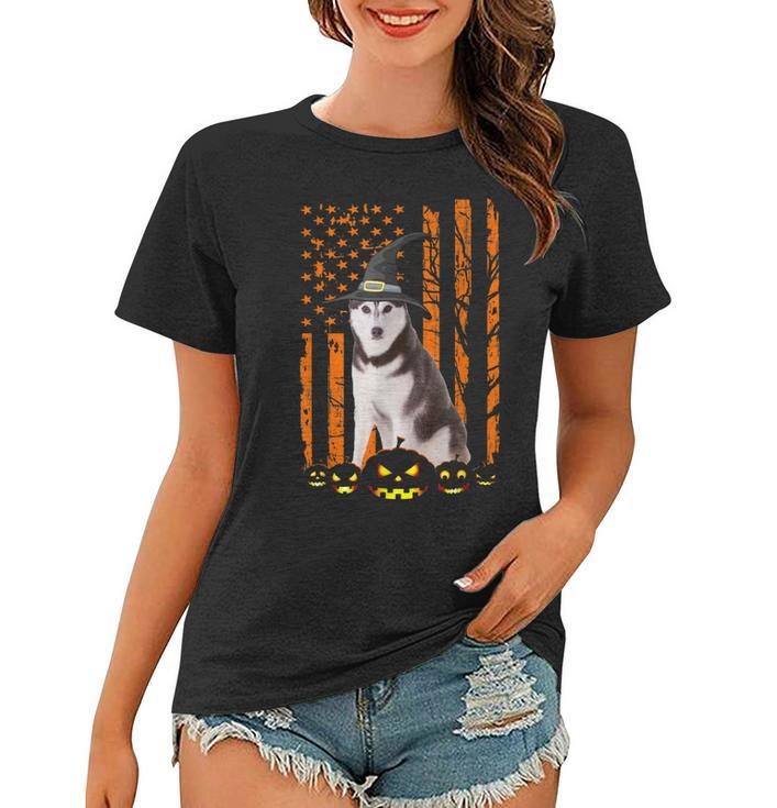 Siberian Husky Dog Pumpkin American Flag Witch Halloween  Women T-shirt