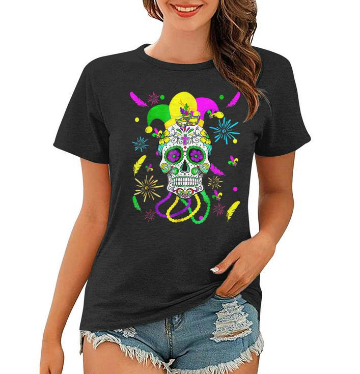 Sugar Skull Jester Hat Funny Mardi Gras Carnival Mexican  Women T-shirt