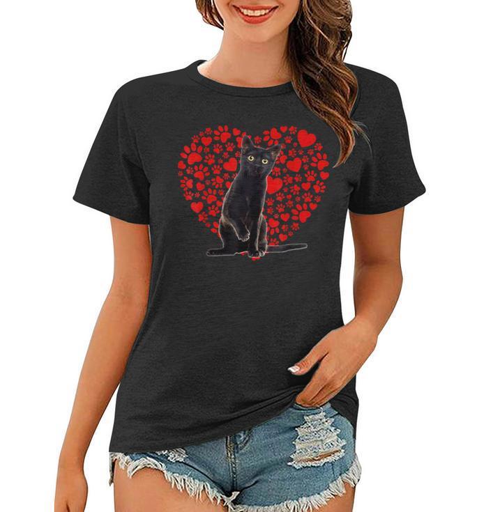 Valentines Day Cat Kitten Lover Paw Heart Black Cat Dad Mom  Women T-shirt