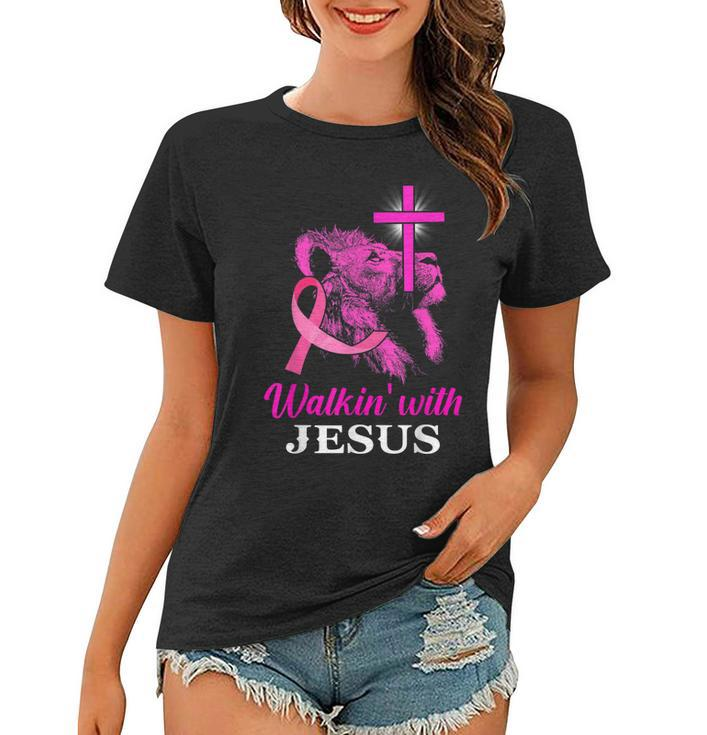 Walking With Jesus Lion Christian Cross Breast Cancer Women  Women T-shirt