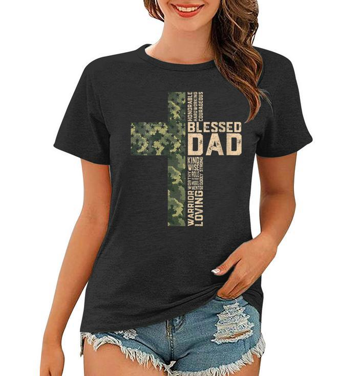 Womens Christian Blessed Dad Camo Flag Cross Religious Fathers Day  Women T-shirt