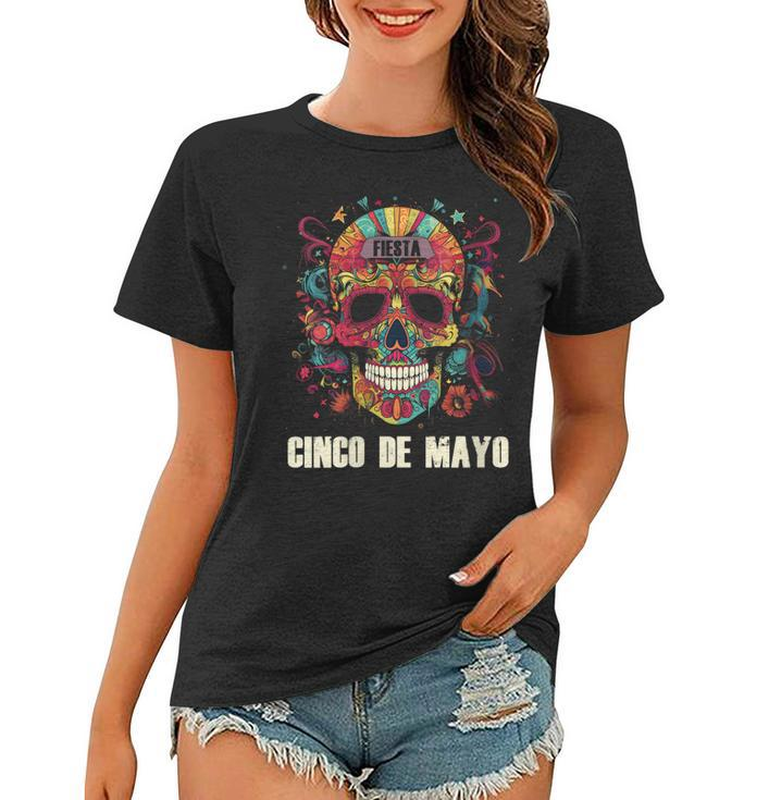 Womens Cinco De Mayo Day Of Dead Sugar Skull Skeleton Floral Skull  Women T-shirt