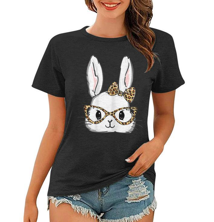 Womens Cute Bunny Face Leopard Glasses Headband Happy Easter Day Women T-shirt