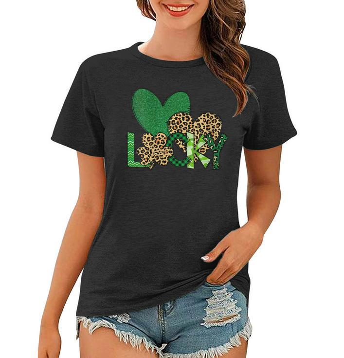 Womens Lucky Green Plaid Shamrock Leopard Heart St Patricks Day  Women T-shirt