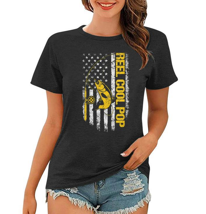 Womens Reel Cool Pop Fishing Dad Joke Usa Flag Fathers Day  Women T-shirt - Thegiftio