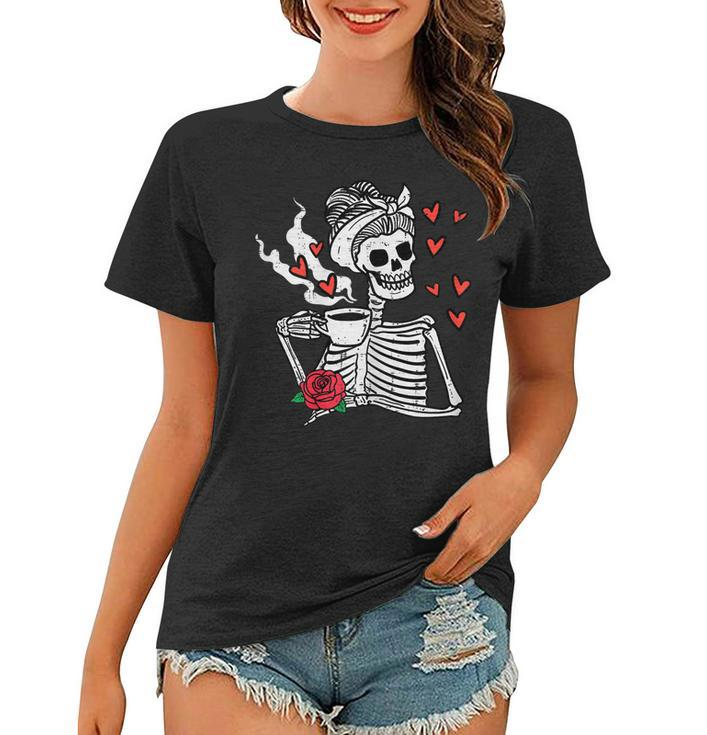 Womens Valentines Day Woman Skeleton Messy Bun Coffee Funny Women  Women T-shirt - Thegiftio