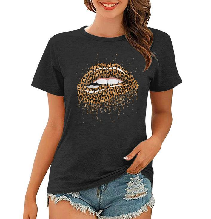 Womens Womens Cool Lips Bite Kiss Me Leopard Print  Women T-shirt