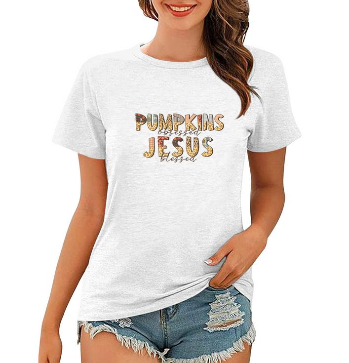 Fall Pumpkin Obsessed And Jesus Blessed Christian Autumn Gifts Women T-shirt