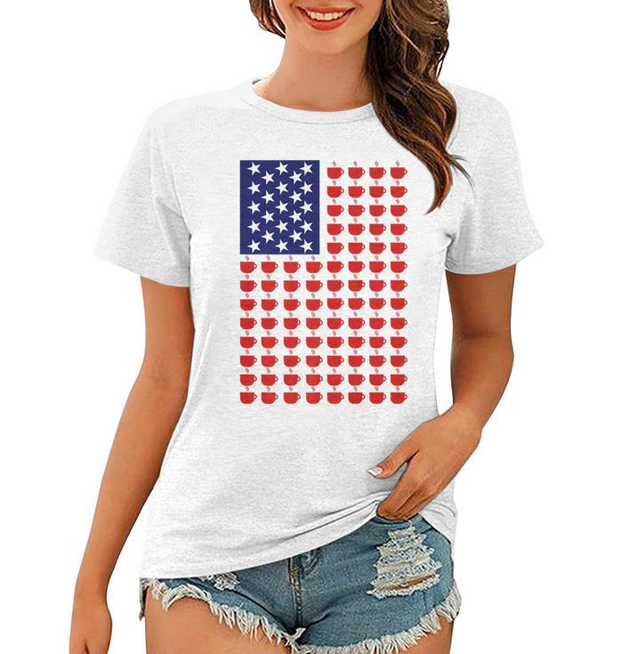 American Morning Patriotic American Flag Coffee Cup Pattern   Women T-shirt